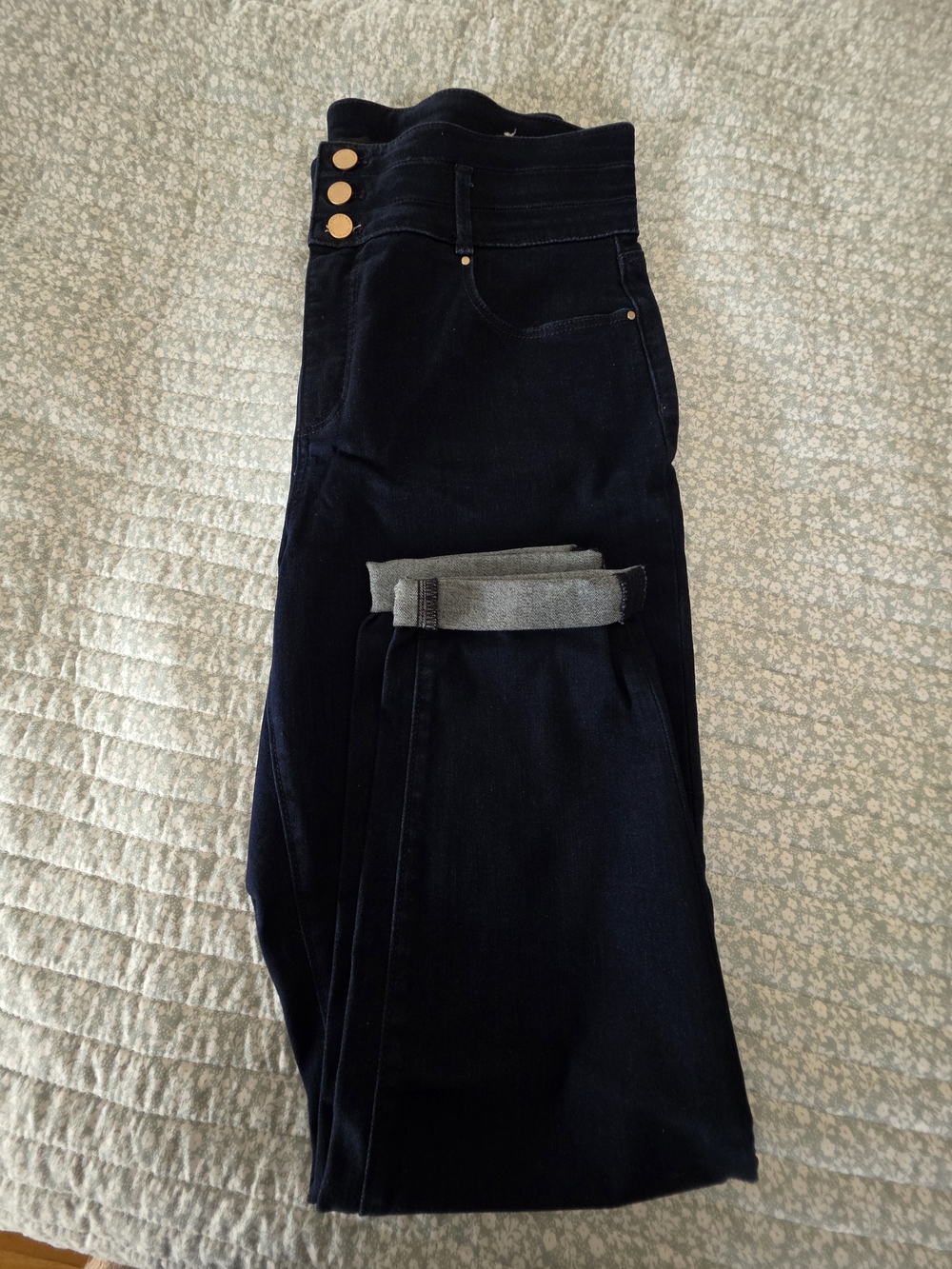 Ann Taylor High-Rise Dark Navy Jeans with Gold Buttons